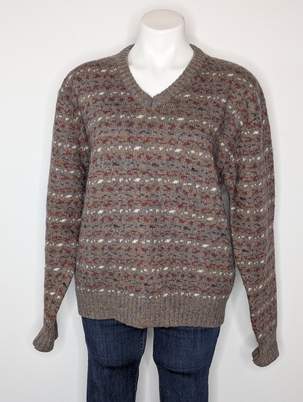 Vintage Oakton Tan Brown Knit Wool Blend V Neck Sweater L